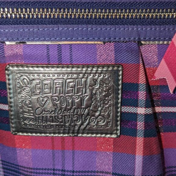 Women's Coach Poppy Purple Plaid Shoulder Bag with Bag Tags - Picture 4 of 15